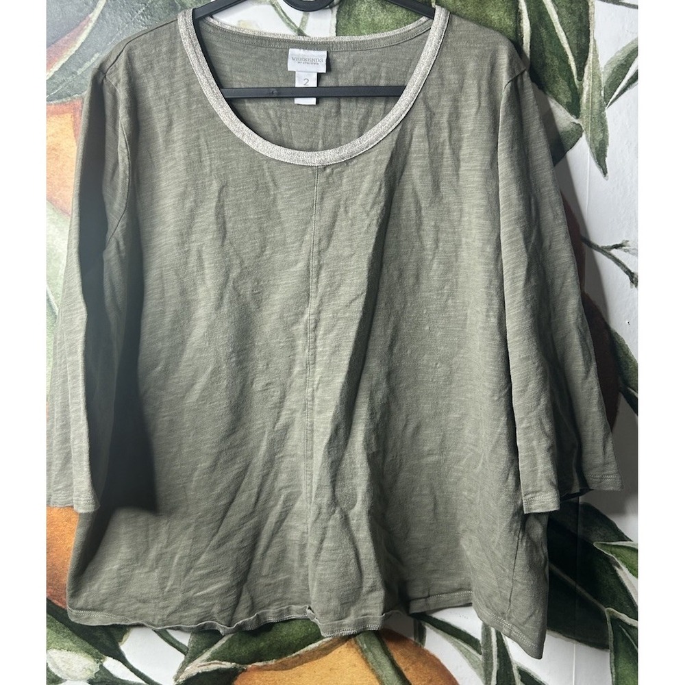 Chicos Size 2 US Large Mettalic Neckline 3/4 Sleeves Cotton Modal Blend